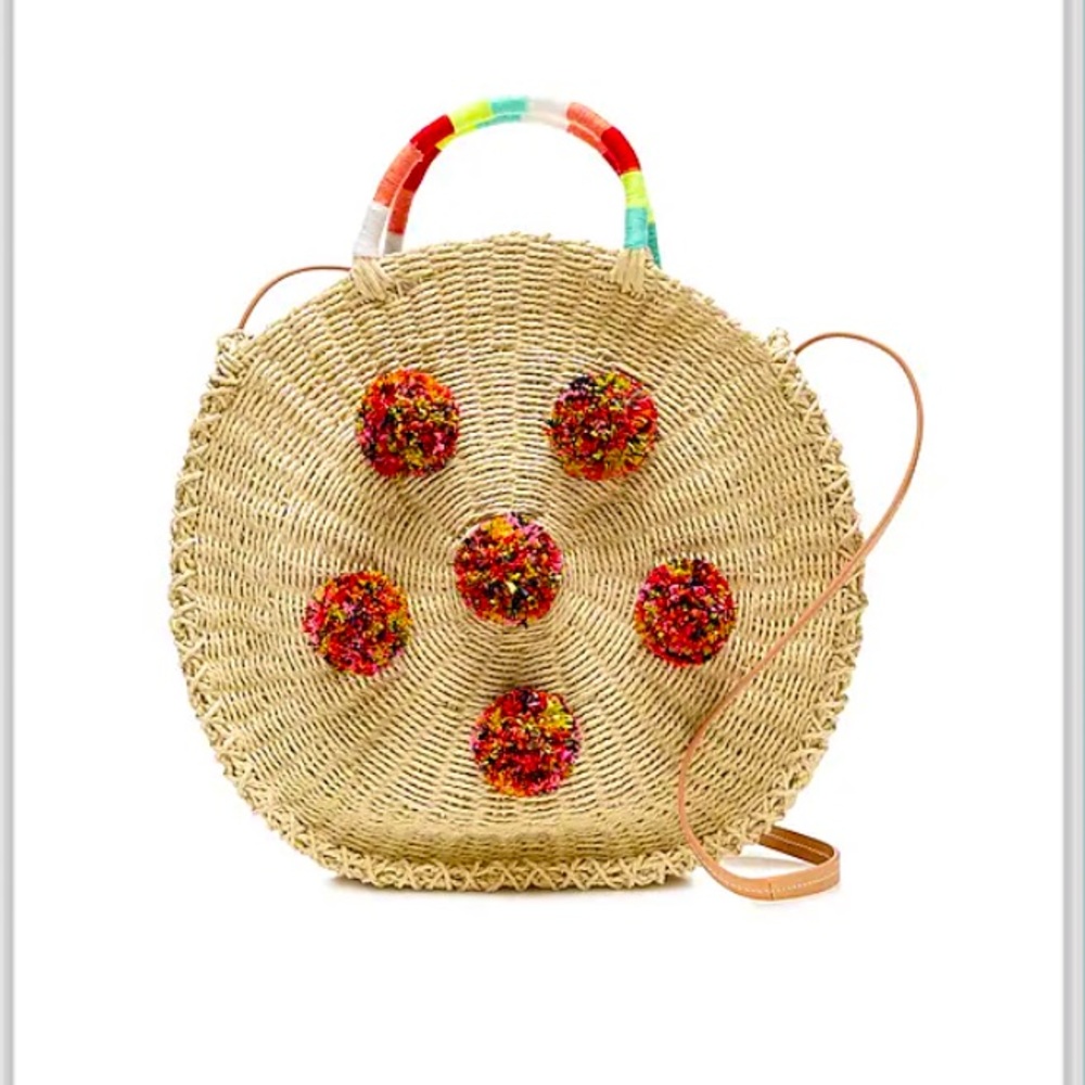 J Crew J1170 Circle Straw Tote w/ Colorful Yarn Pom Poms